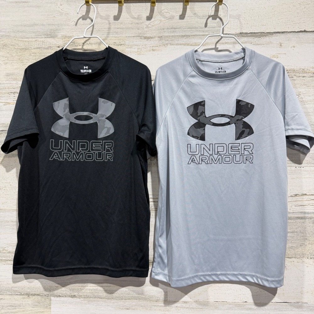 Under Armour T-Shirt Boys YS Black Grey Camo Logo Activewear EUC